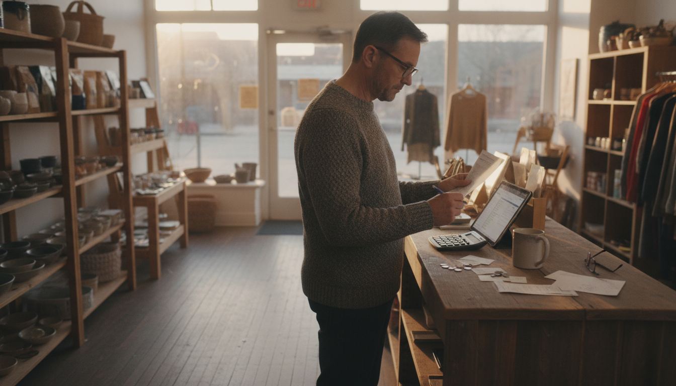 A convenience store owner working through paperwork on the back counter after closing