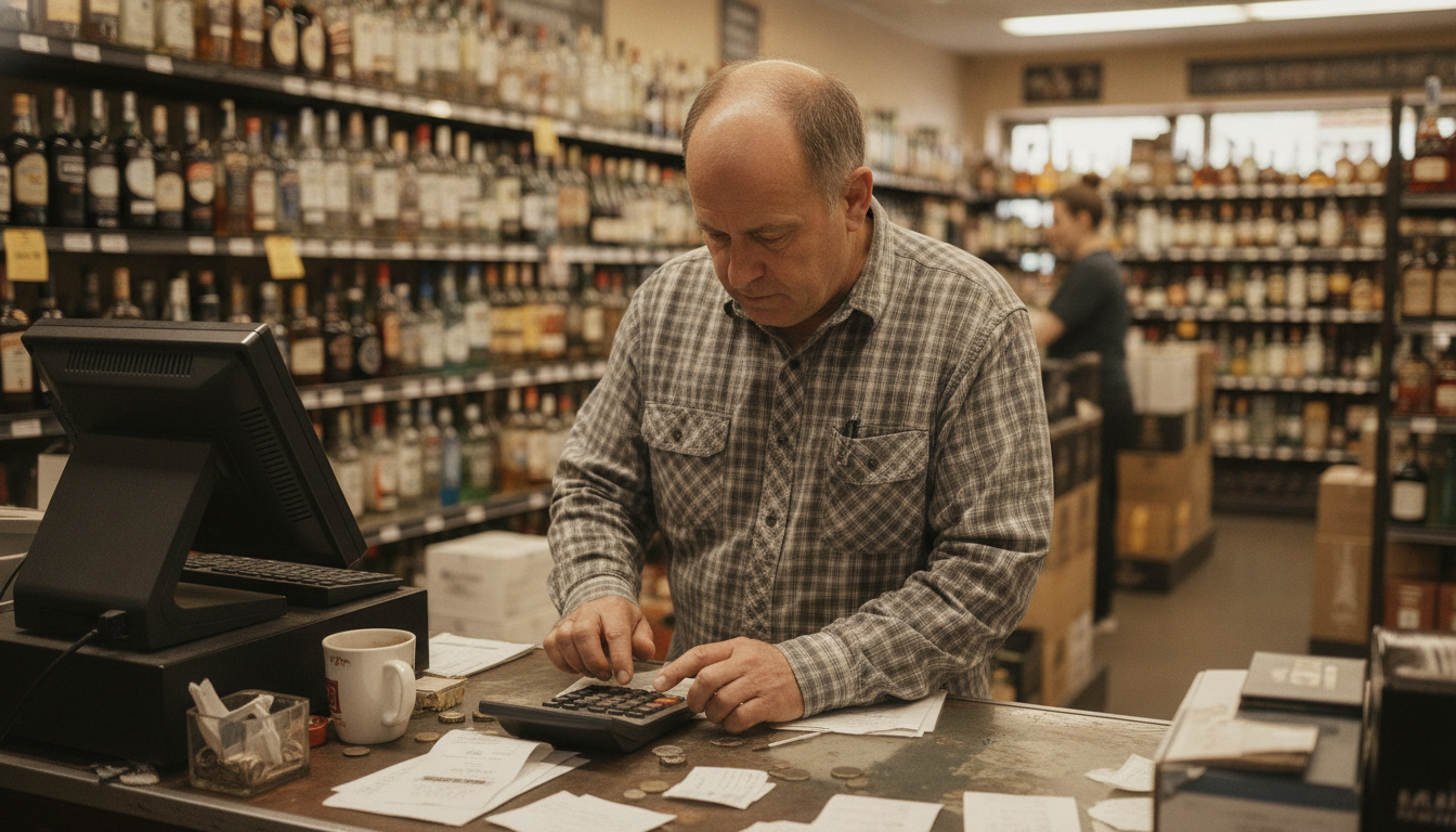 A liquor store owner at the counter working out figures on a pocket calculator beside the terminal