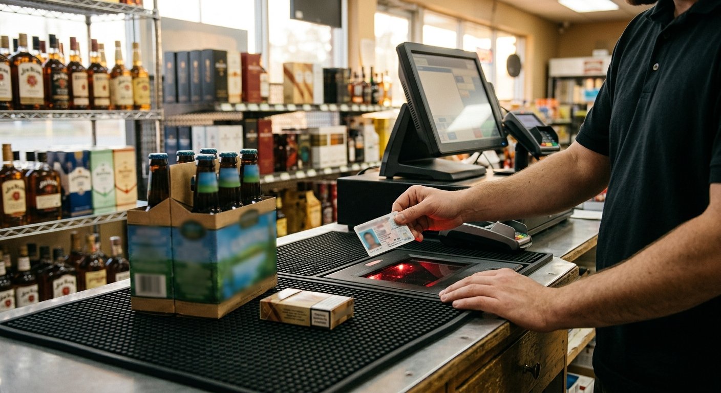 A cashier holds an ID above a counter scanner, with a six-pack and a tobacco pack on the mat.