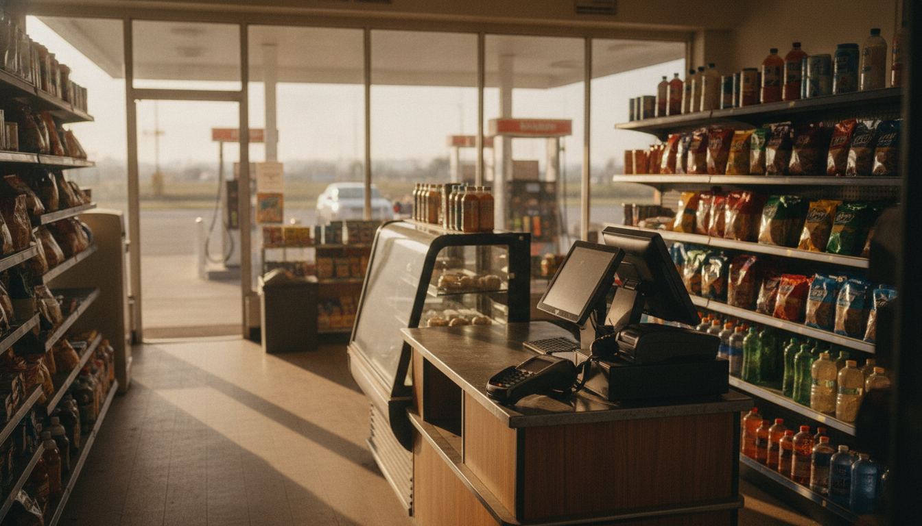 A fuel station owner at a back office desk reviewing shift paperwork late in the evening
