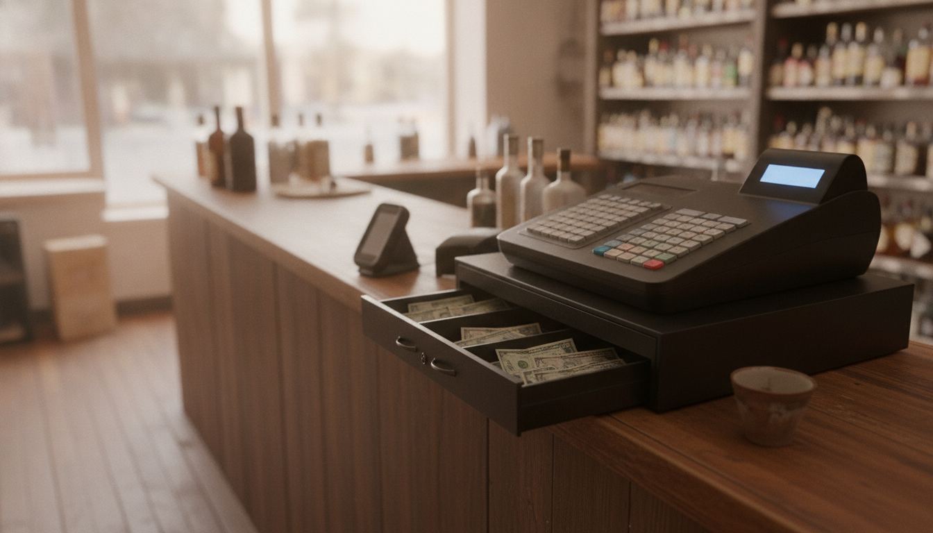 Liquor store counter with a register, cash drawer, and ID scanner