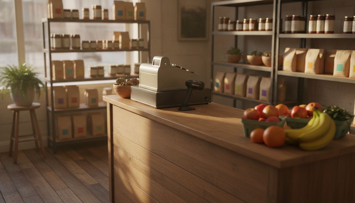 Small neighborhood grocery counter with a register, scanner, and mixed shelf