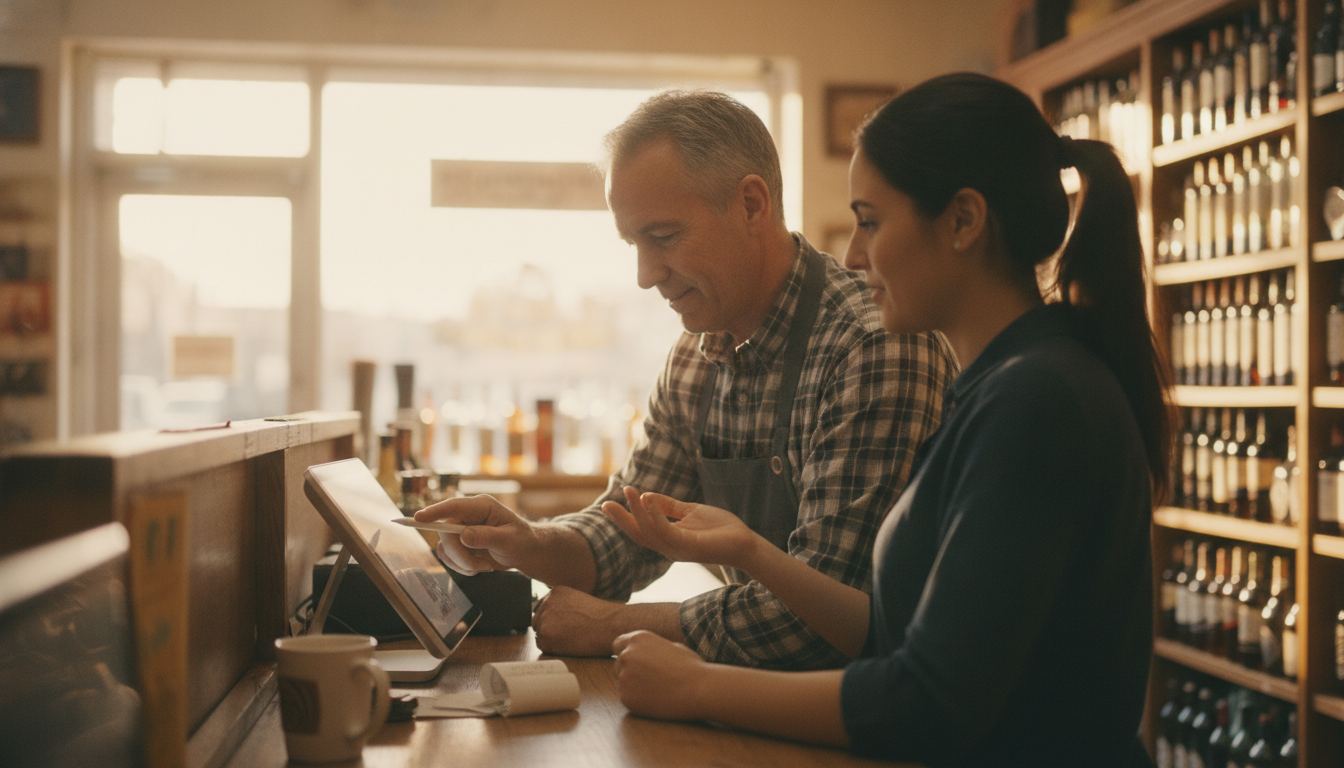 Liquor store owner reviewing a checkout system at the counter