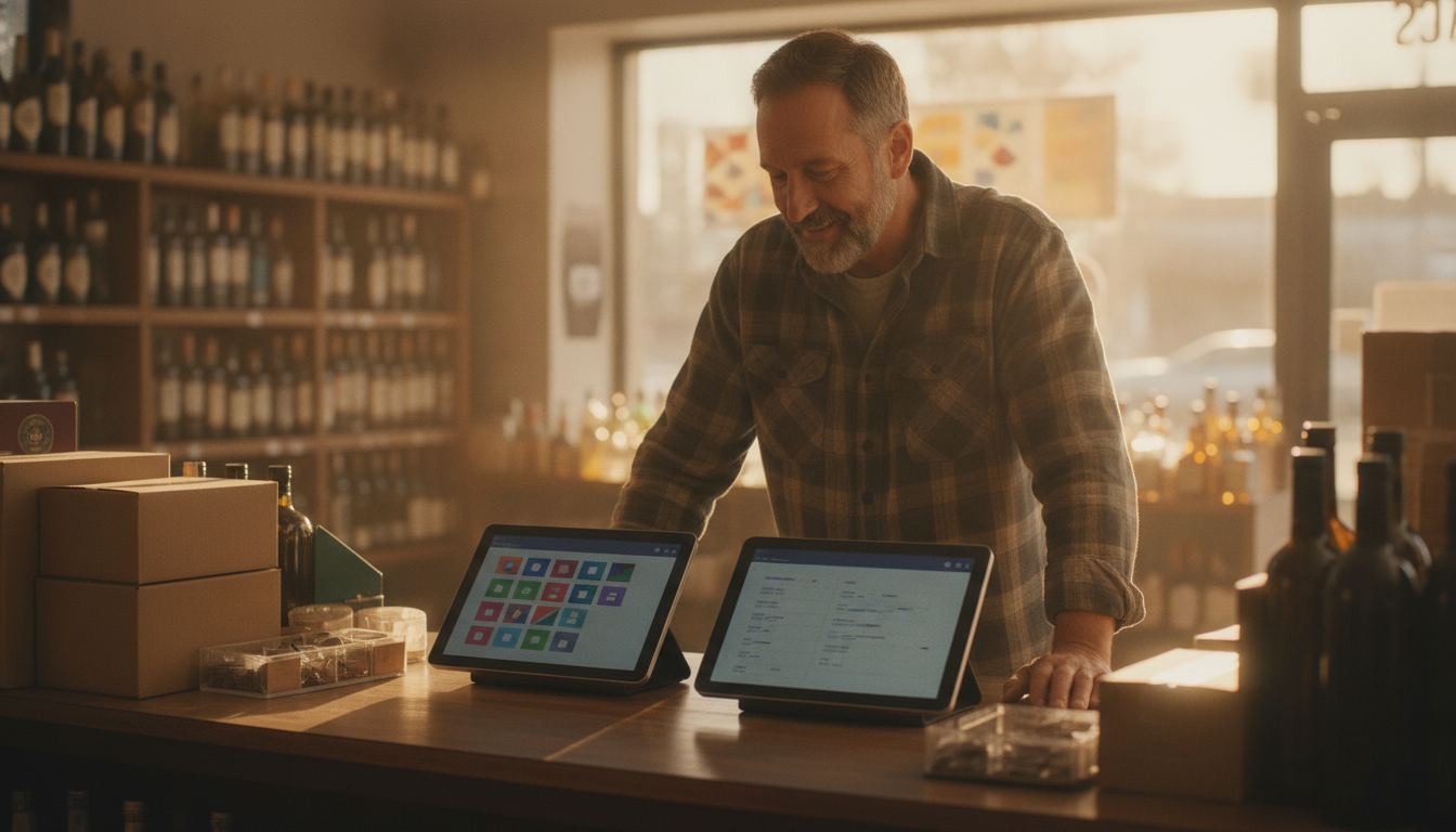 Liquor store owner comparing point-of-sale options at the counter