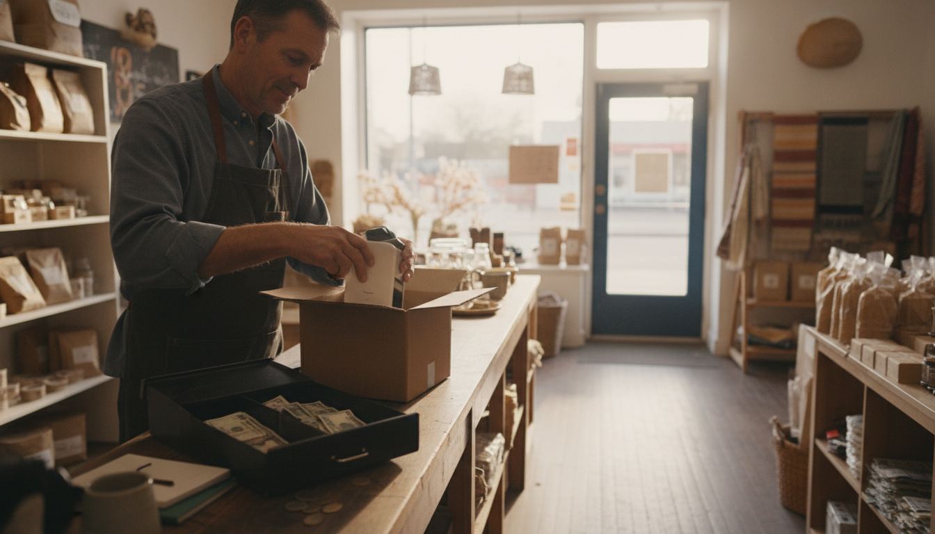 A store owner unboxing a purchased card terminal on the counter beside a cash drawer