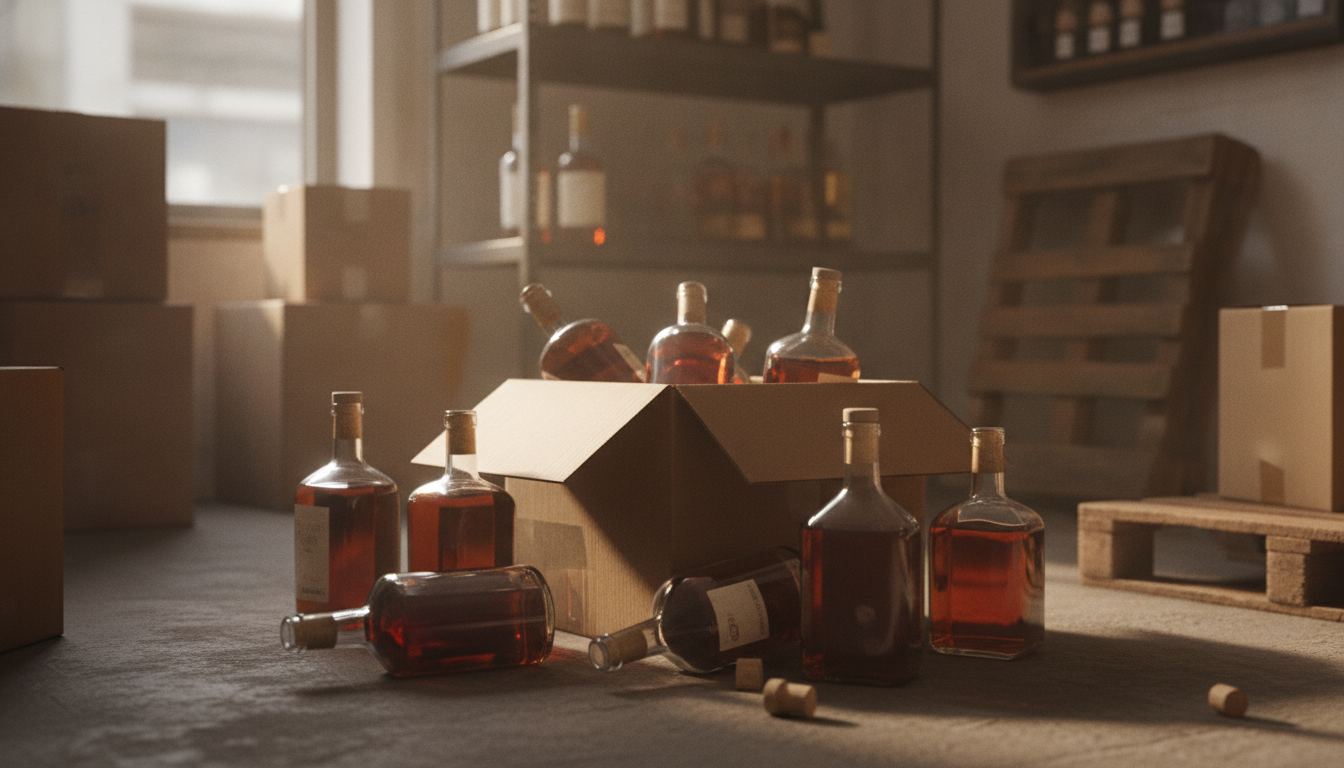 Open liquor case on a back-room floor with bottles pulled for the shelf