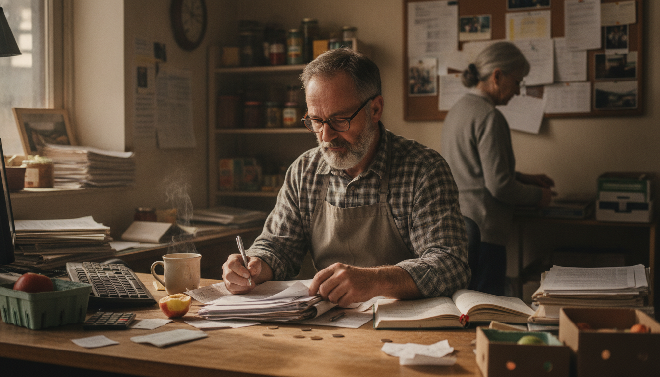 A small grocer at a back office desk reviewing paperwork with a coffee beside the keyboard