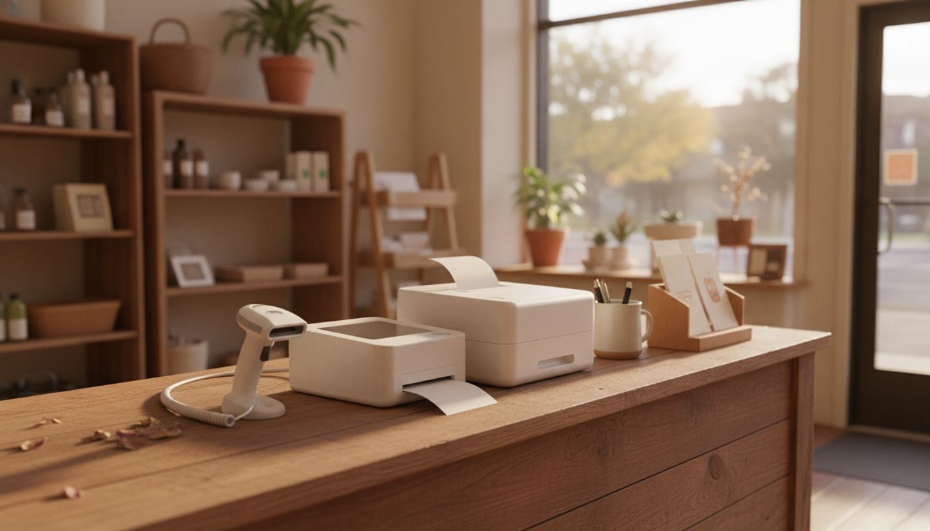A store owner unpacking a new register on a counter with a barcode scanner and receipt printer beside it
