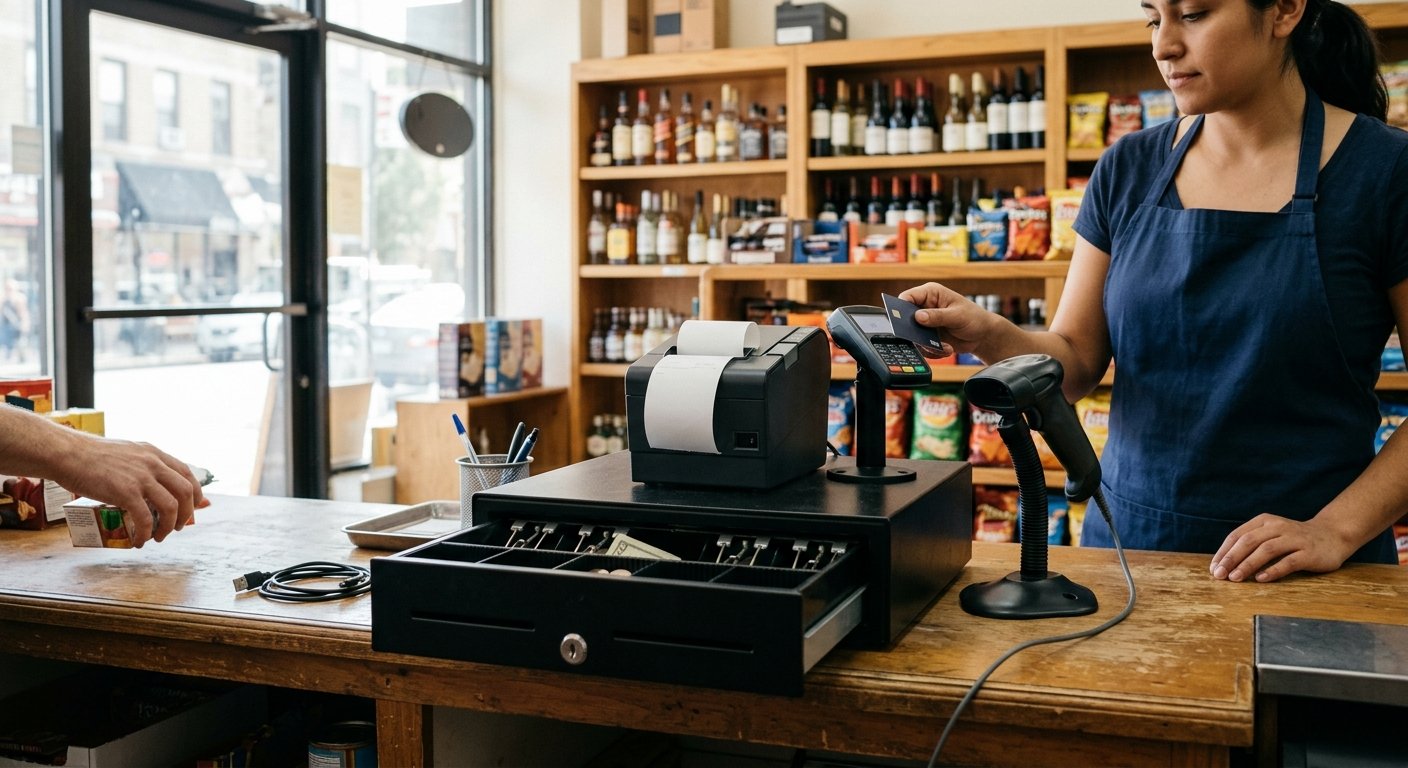 A heavy metal cash drawer sits half open under a receipt printer on an independent store counter in morning light.
