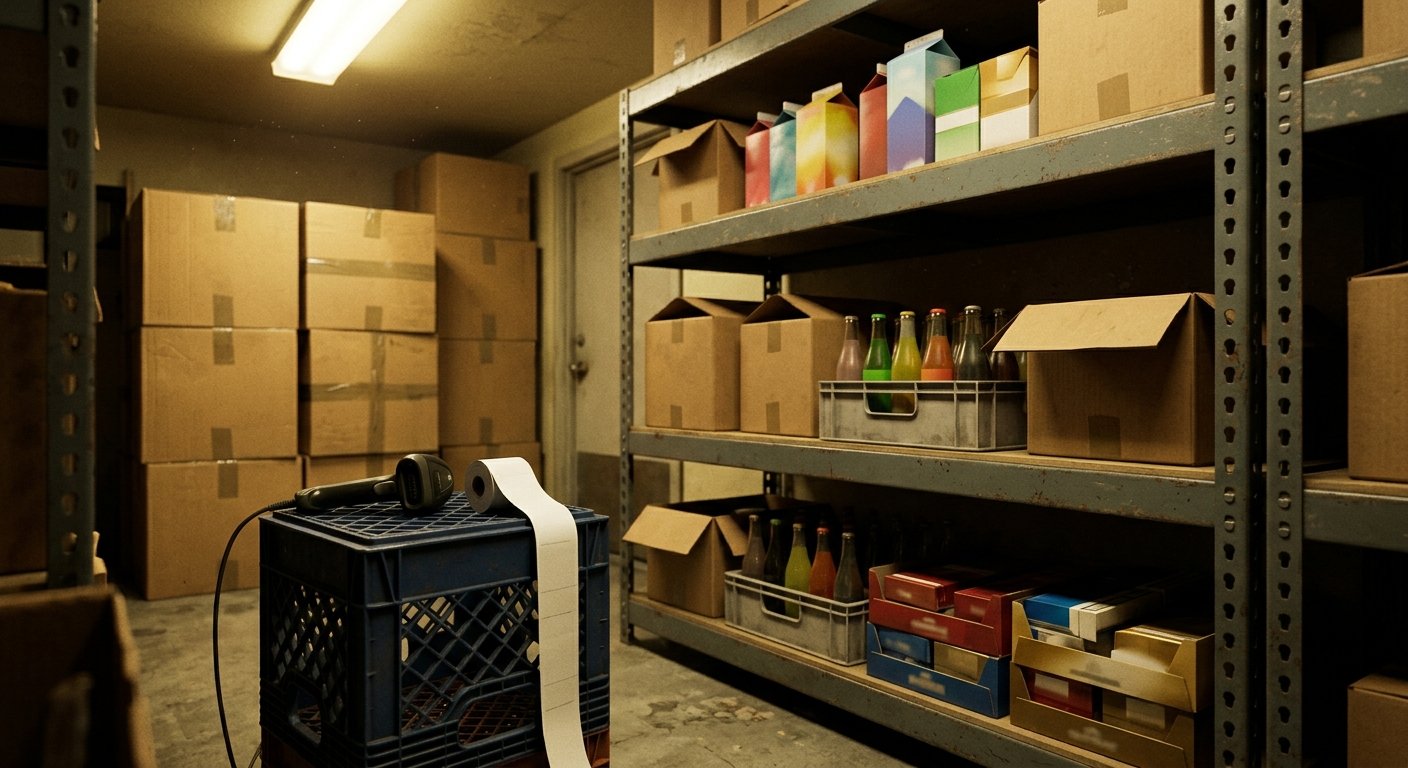 Open soda cases and cigarette cartons on a steel back-room shelf beside a handheld scanner.