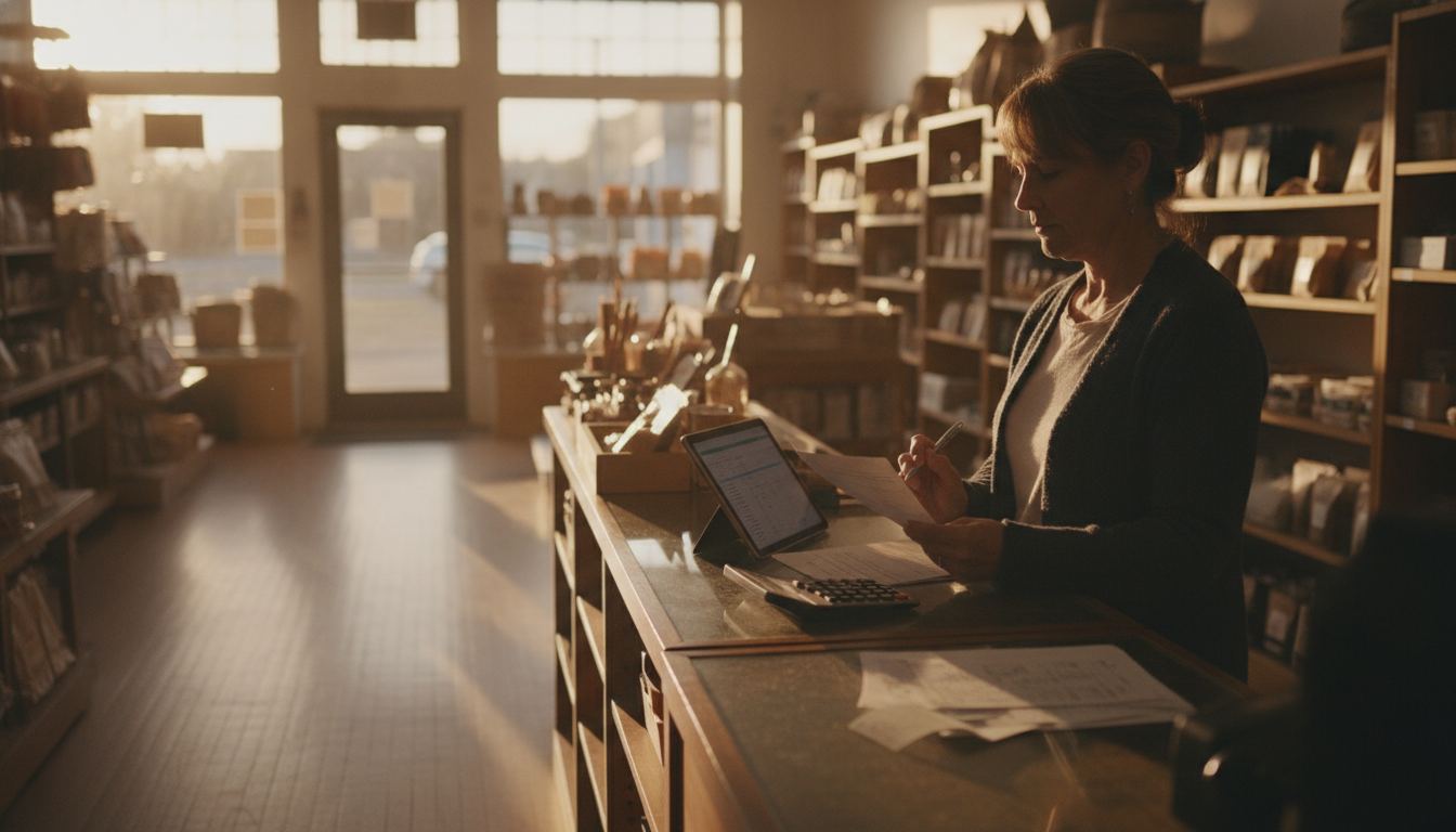 A gas station store owner checking a tablet register between customers at the front counter