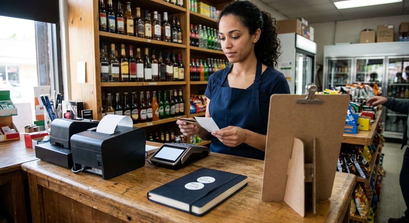 A store counter holds a receipt printer and a closed notebook with two unmarked price stickers.