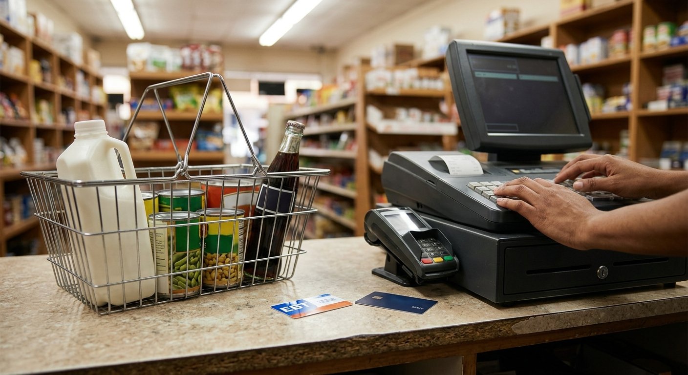 Small grocery counter with milk, canned vegetables, a soda bottle, an EBT card and a debit card, and a cashier at the register.