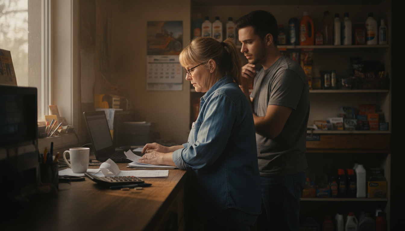 A station owner comparing paperwork and a laptop screen at the counter of a small fuel stop