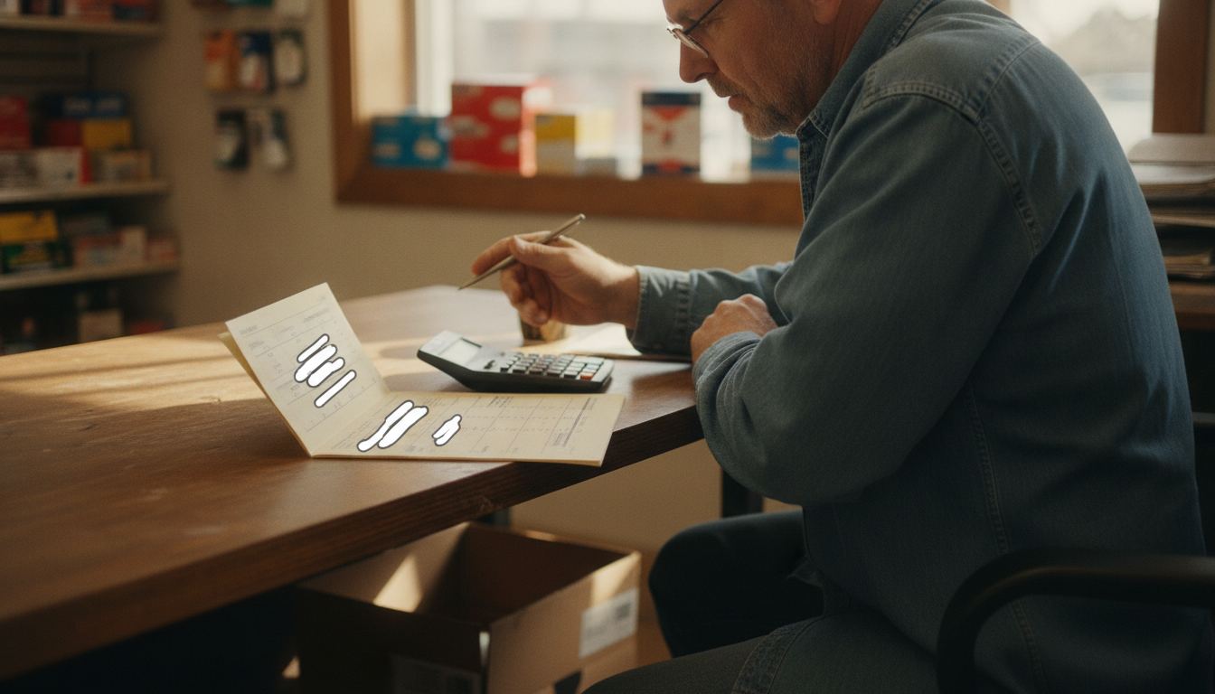 A store owner spreading a monthly processing statement next to a calculator at a back-office desk