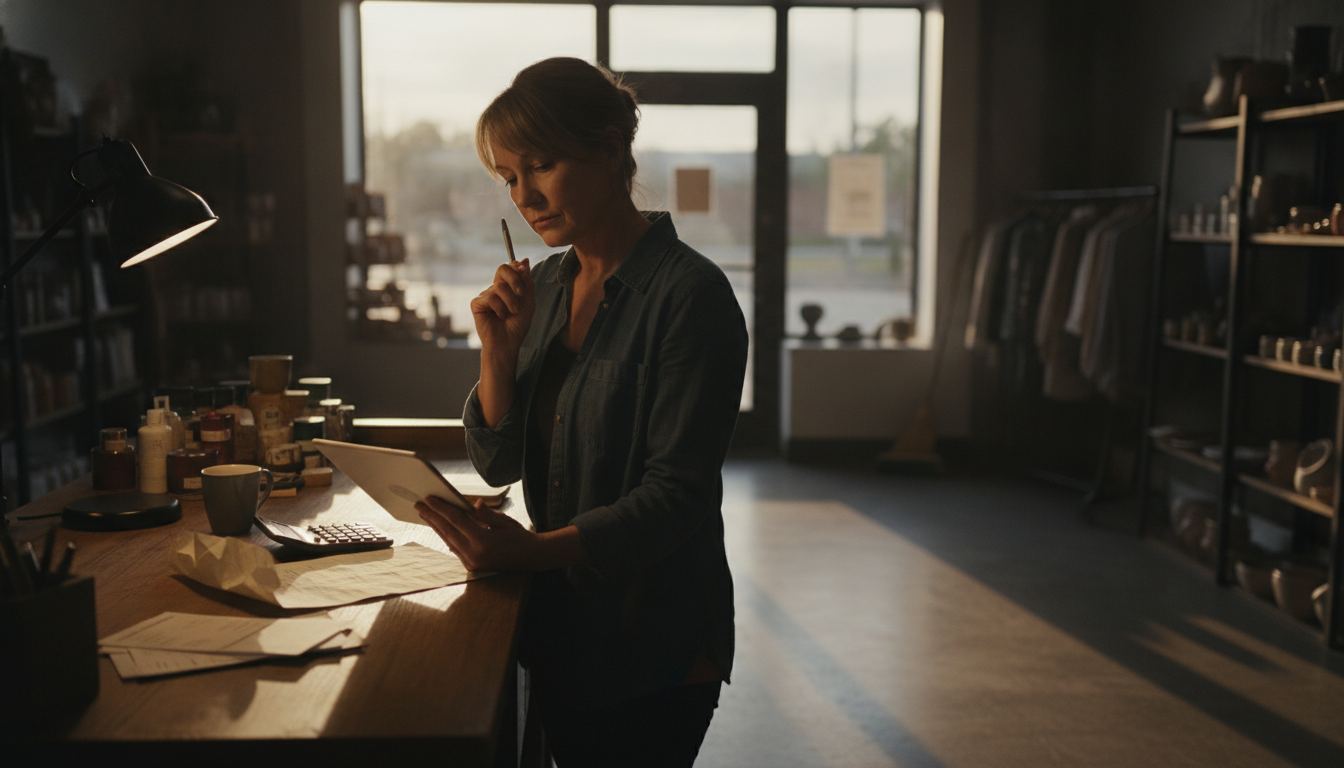 A small grocer restocking a cooler while a tablet register sits open on the counter behind him