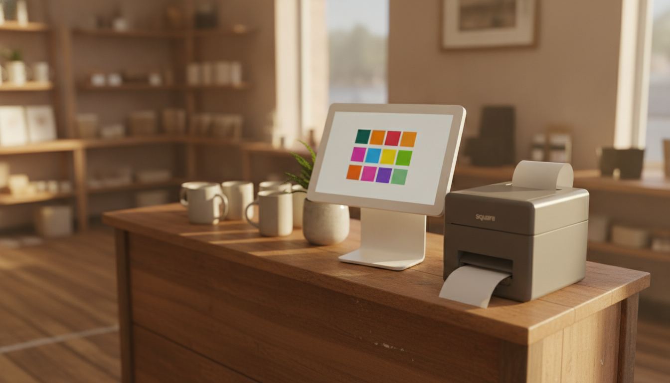 Square POS screen beside a store counter and receipt printer