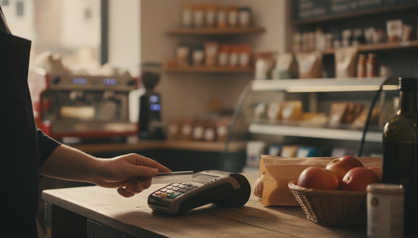 A counter with a card reader and a receipt beside a calculator