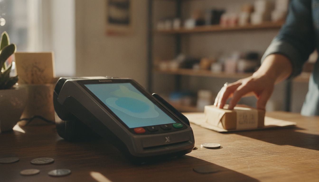 A store owner at the counter of a convenience store reading a stack of paperwork beside the register