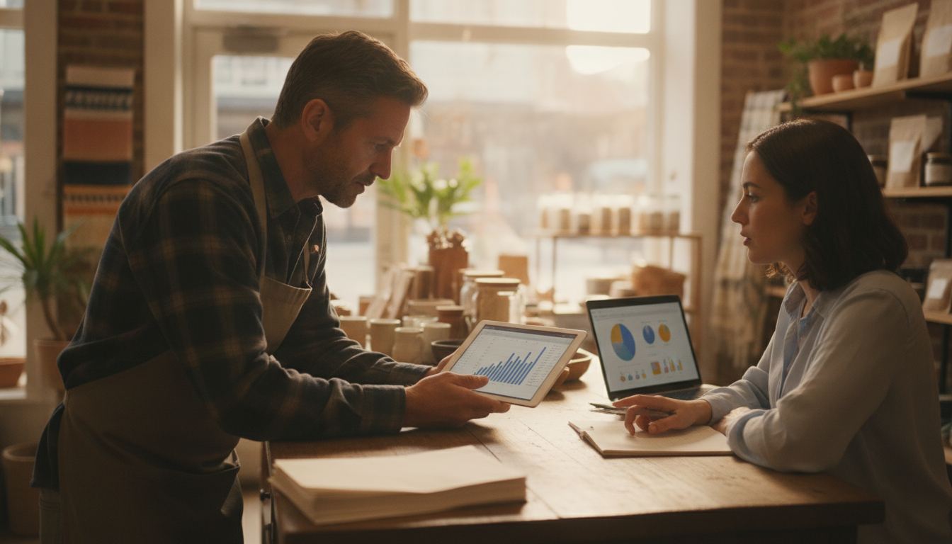 Store owner reviewing point-of-sale subscription costs at the counter