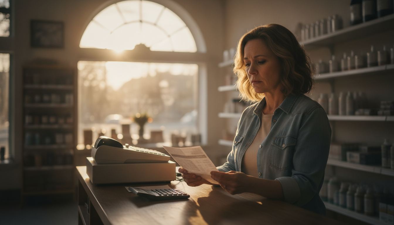 A store owner reviewing a processing statement at a back office desk