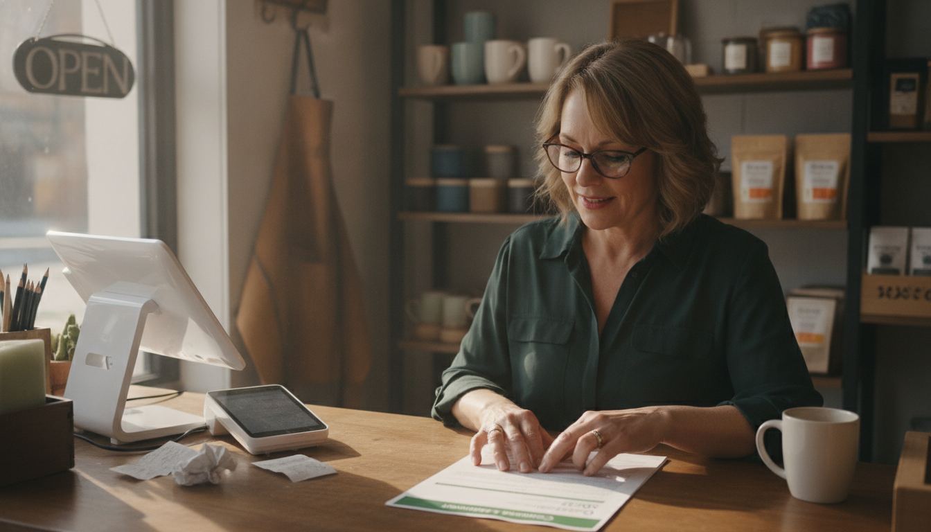 A store owner reading a Clover merchant agreement that names a bank as the acquirer