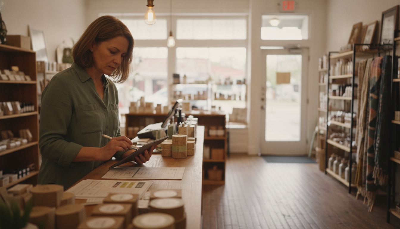 Retail owner reviewing point of sale costs at a checkout counter