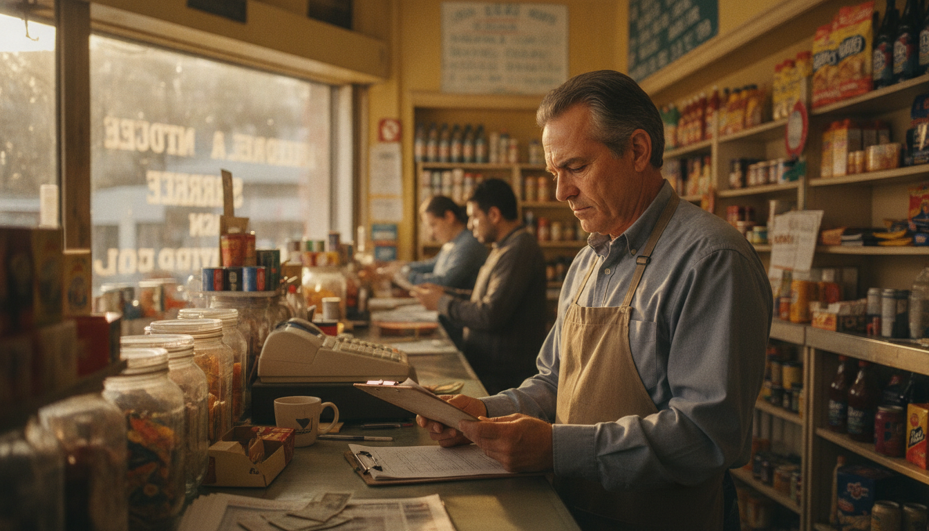 A shop owner standing behind a bodega counter reviewing a merchant statement on a clipboard