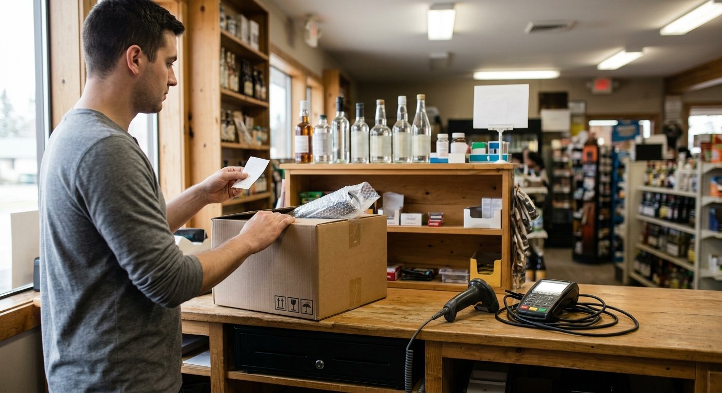 A store counter with a cash drawer, a barcode scanner, and an unplugged payment terminal beside a shipping box of new hardware.