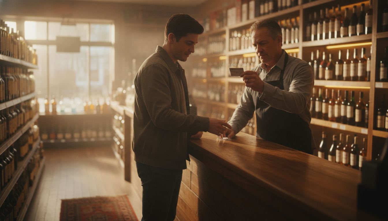 A liquor store owner checking a delivery of cases against a printed sheet near the front counter