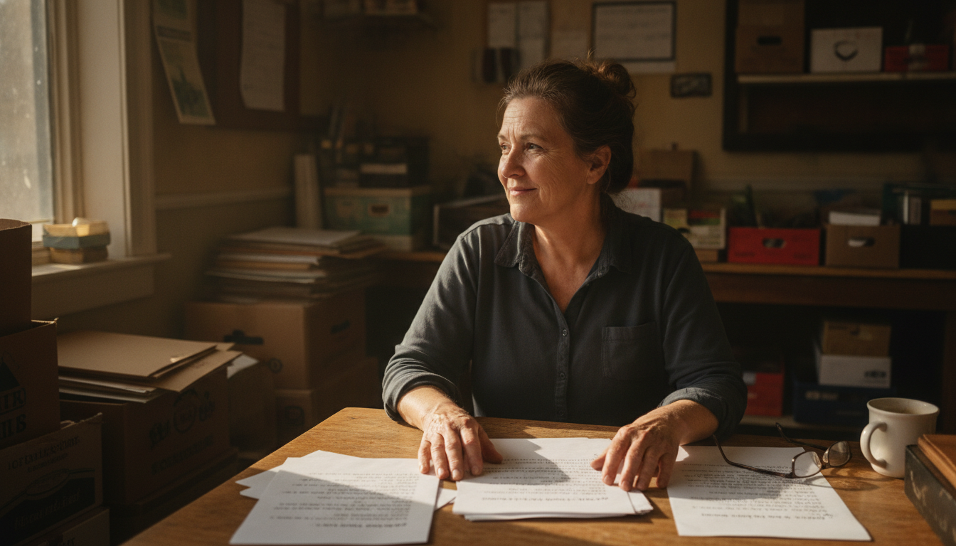 A small grocer sitting at a back office table with printed quotes spread out in front of them