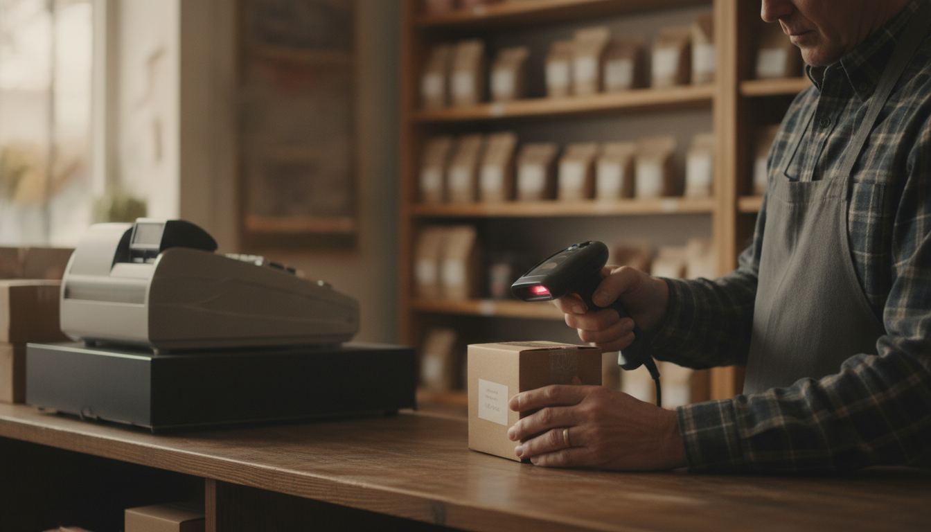 A convenience store clerk at a counter checking scratch ticket packs against a printed report
