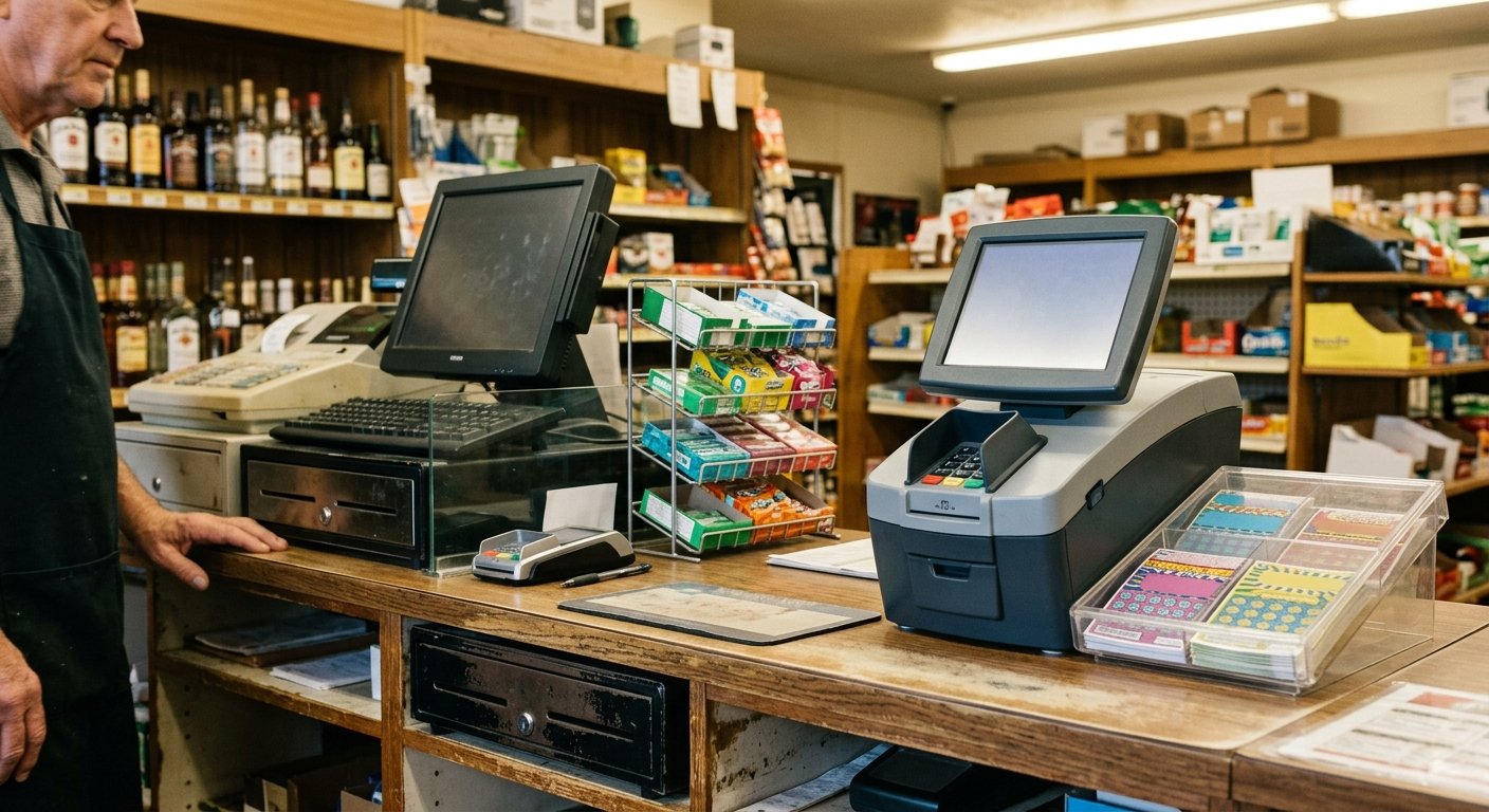 A c-store counter with a lottery terminal standing apart from the register, a scratch ticket tray, and a cash drawer.
