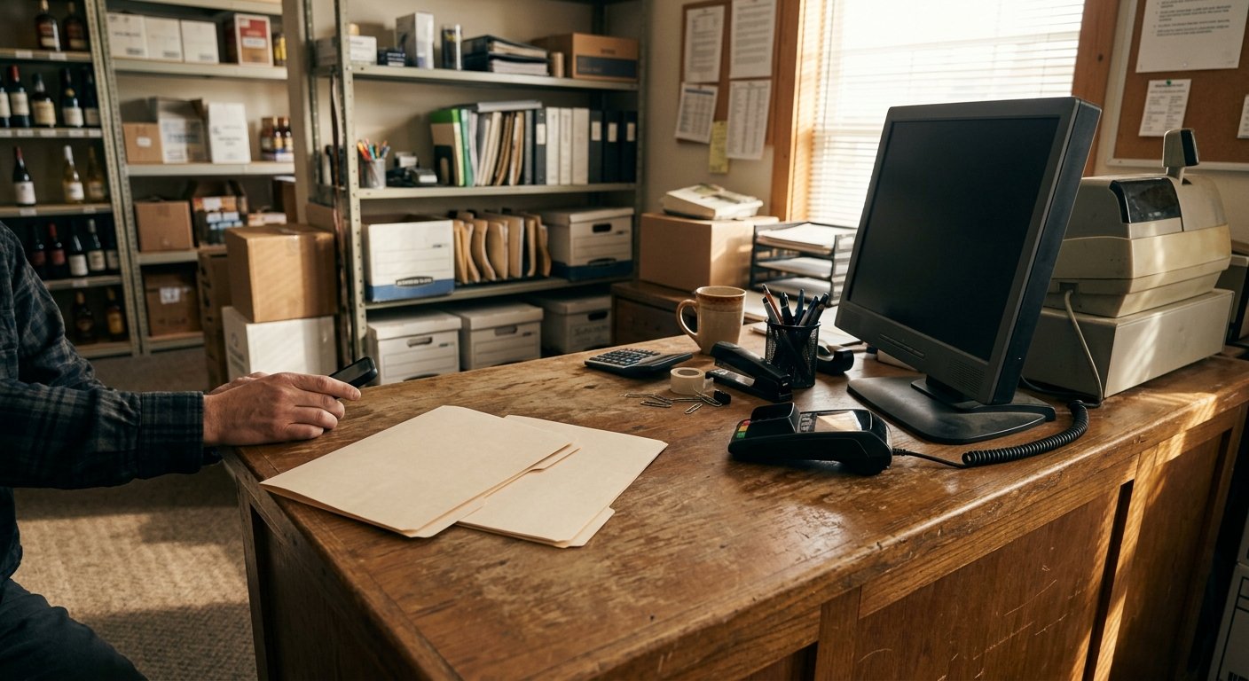 Two unlabeled folders sit on a worn store office desk beside an unplugged pin pad and a dark register screen.