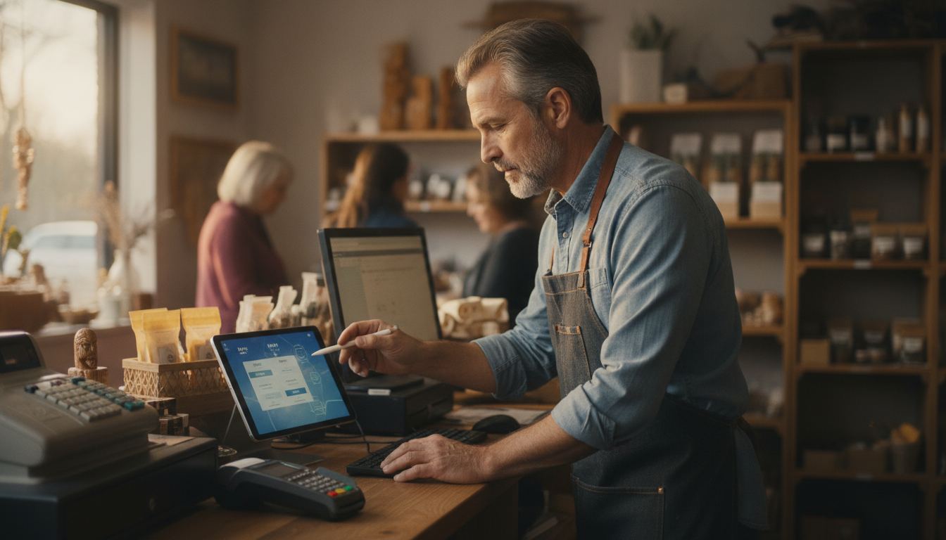 Store owner reviewing customer rewards settings at a checkout counter