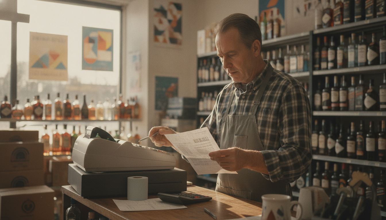 A liquor store owner comparing a printed POS quote to the register on the counter