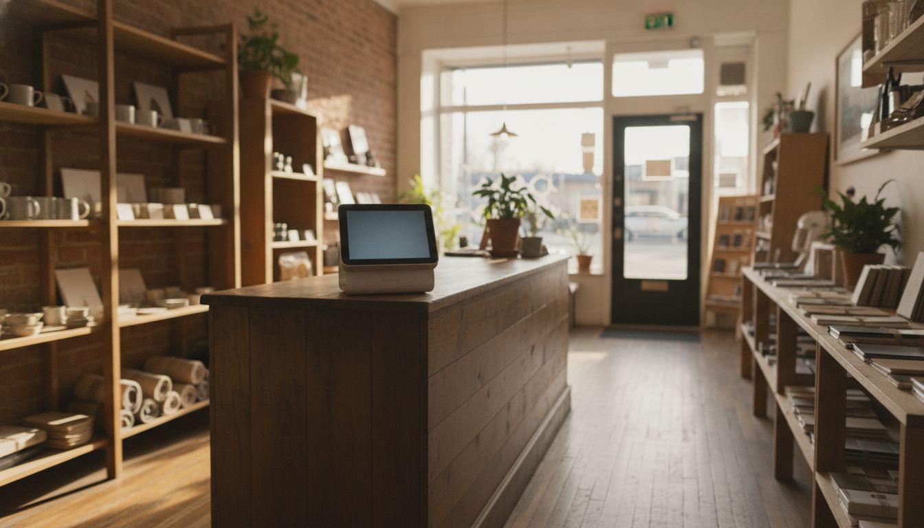 Payment terminal on a small retail counter with the screen facing the cashier