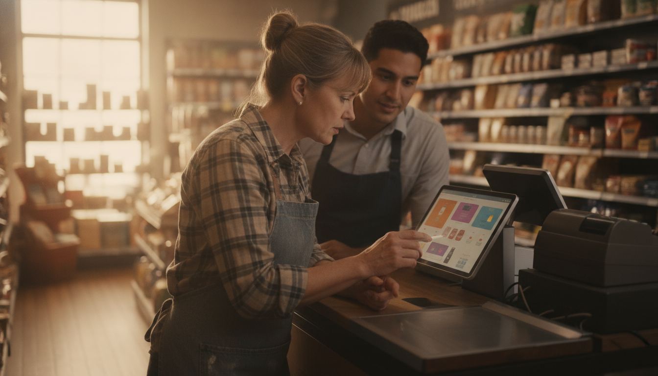 Store owner reviewing a convenience store checkout system