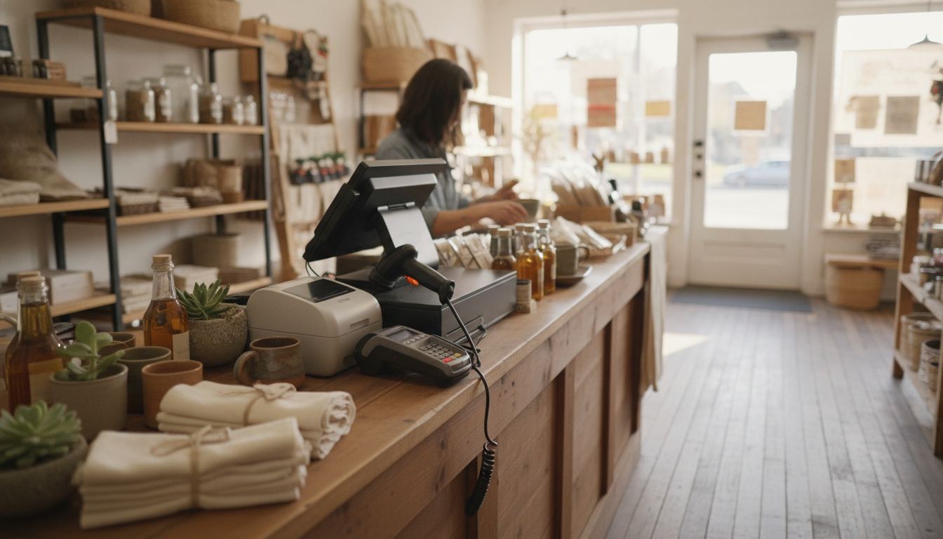Retail counter with a register, barcode scanner, receipt printer and card reader
