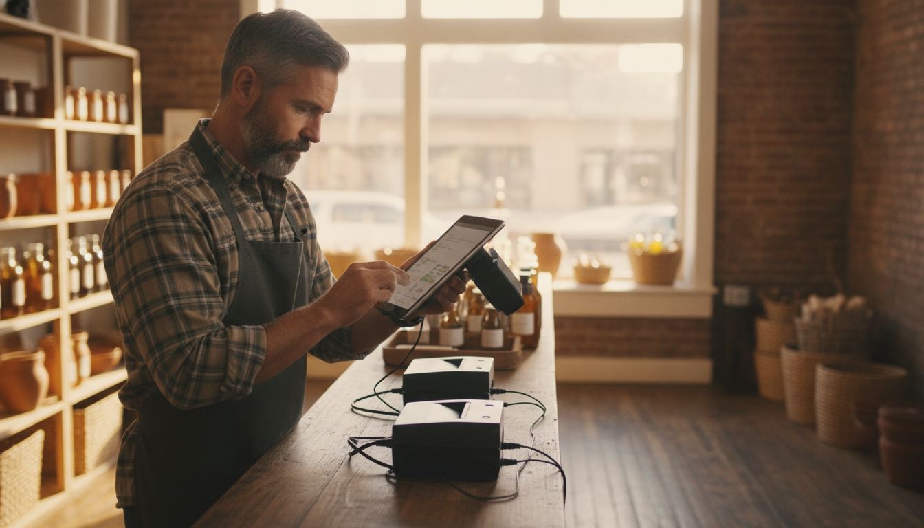 Retail owner comparing point-of-sale options at a store counter
