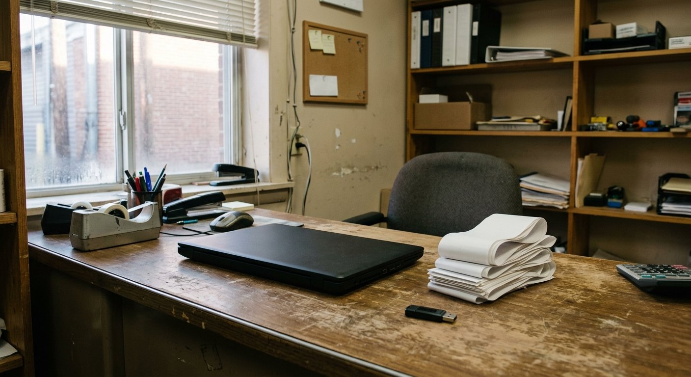 A small-store back office desk with a closed laptop, printed shift tapes, and a USB stick in afternoon light.