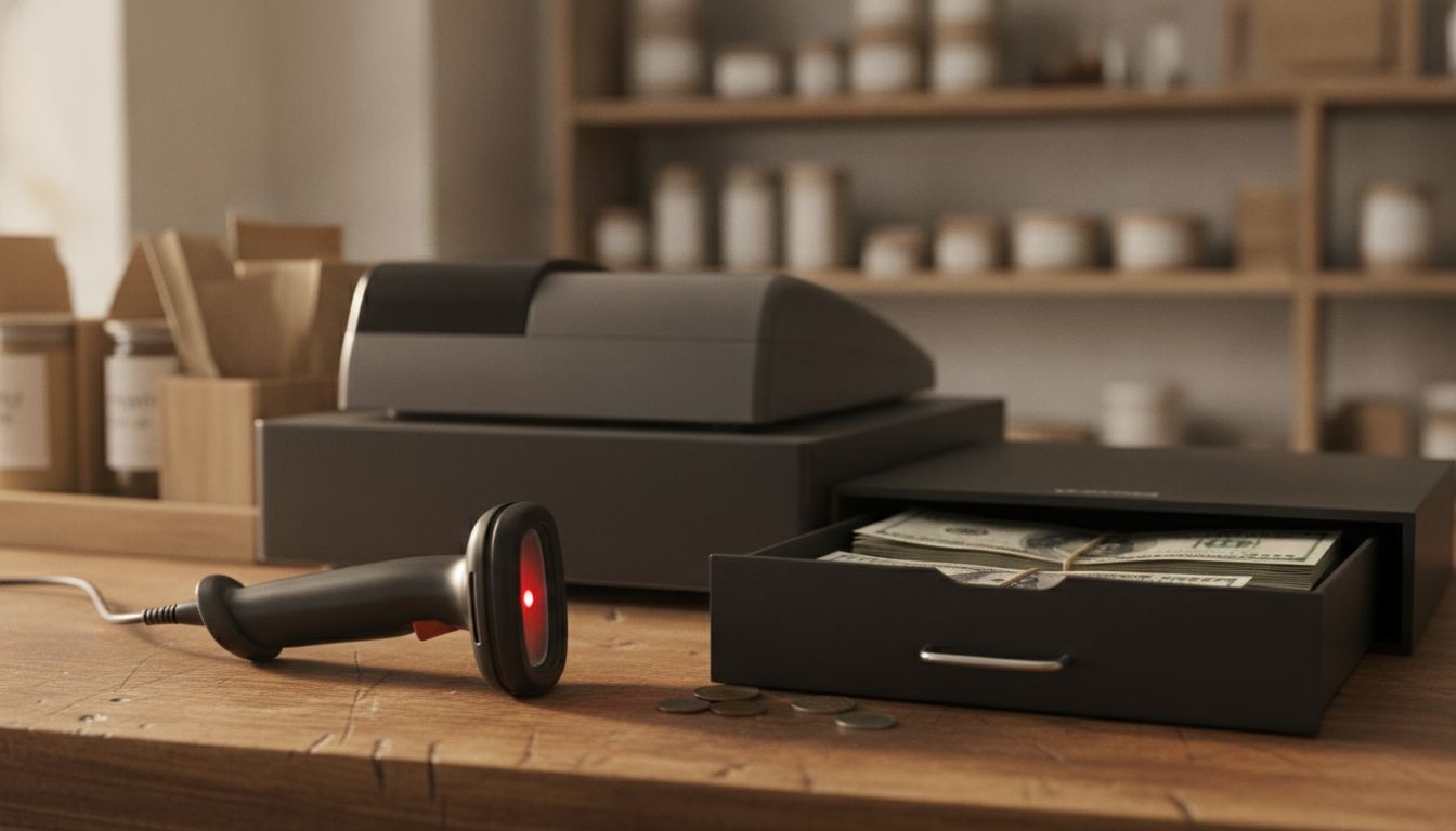 A handheld barcode scanner resting on a store counter beside a register and a cash drawer