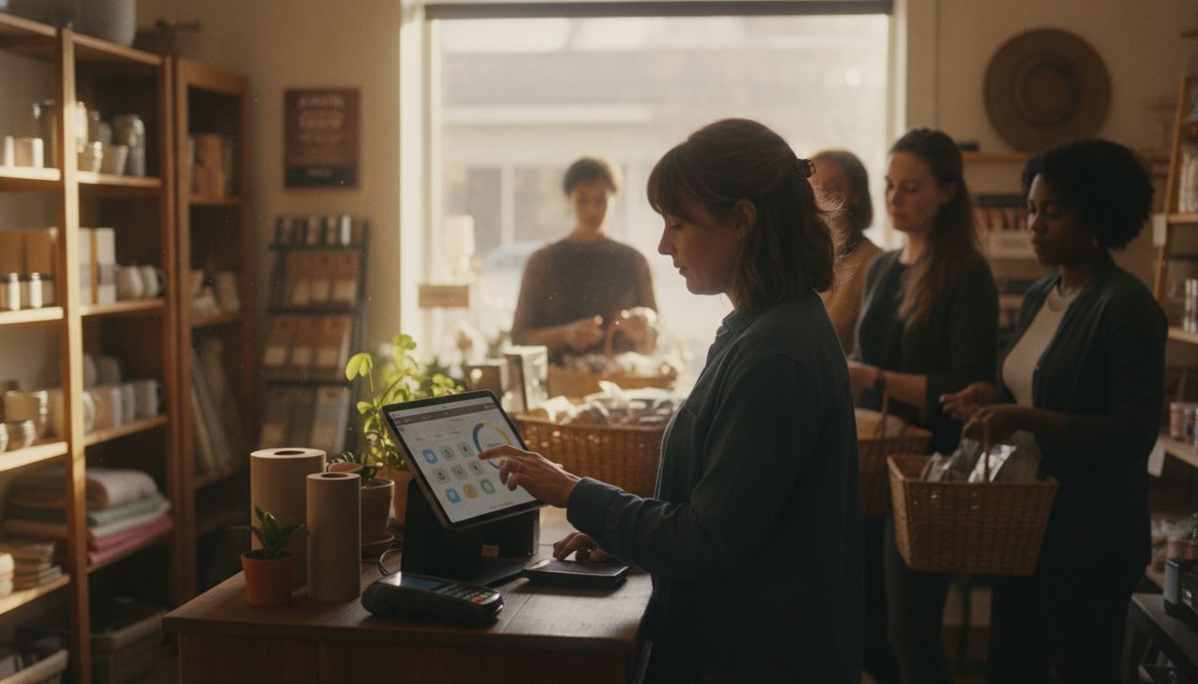 Store owner using a register app at a busy checkout counter
