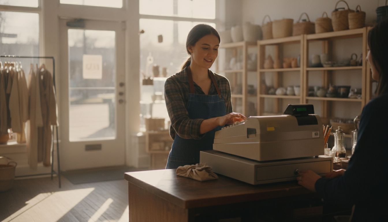Store employee using a countertop point of sale register
