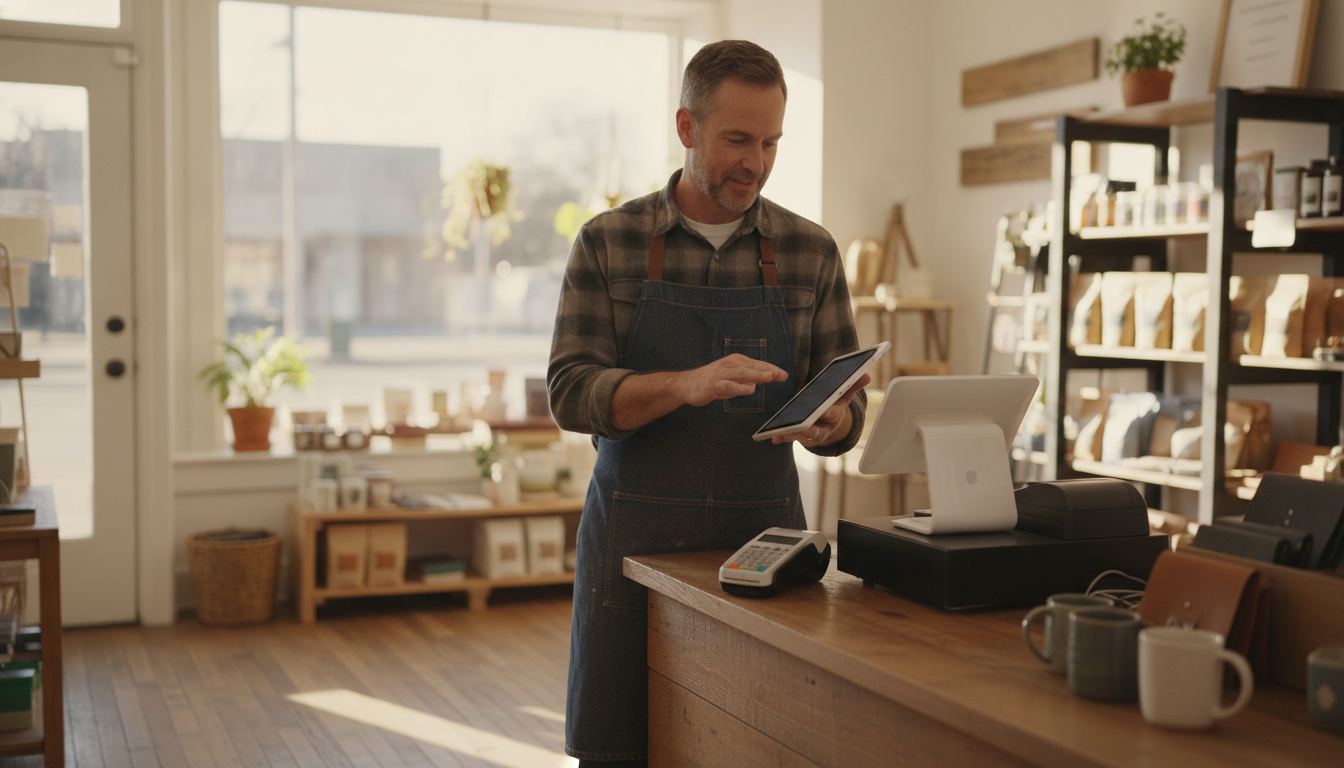 Shop owner comparing a compact checkout system at the counter