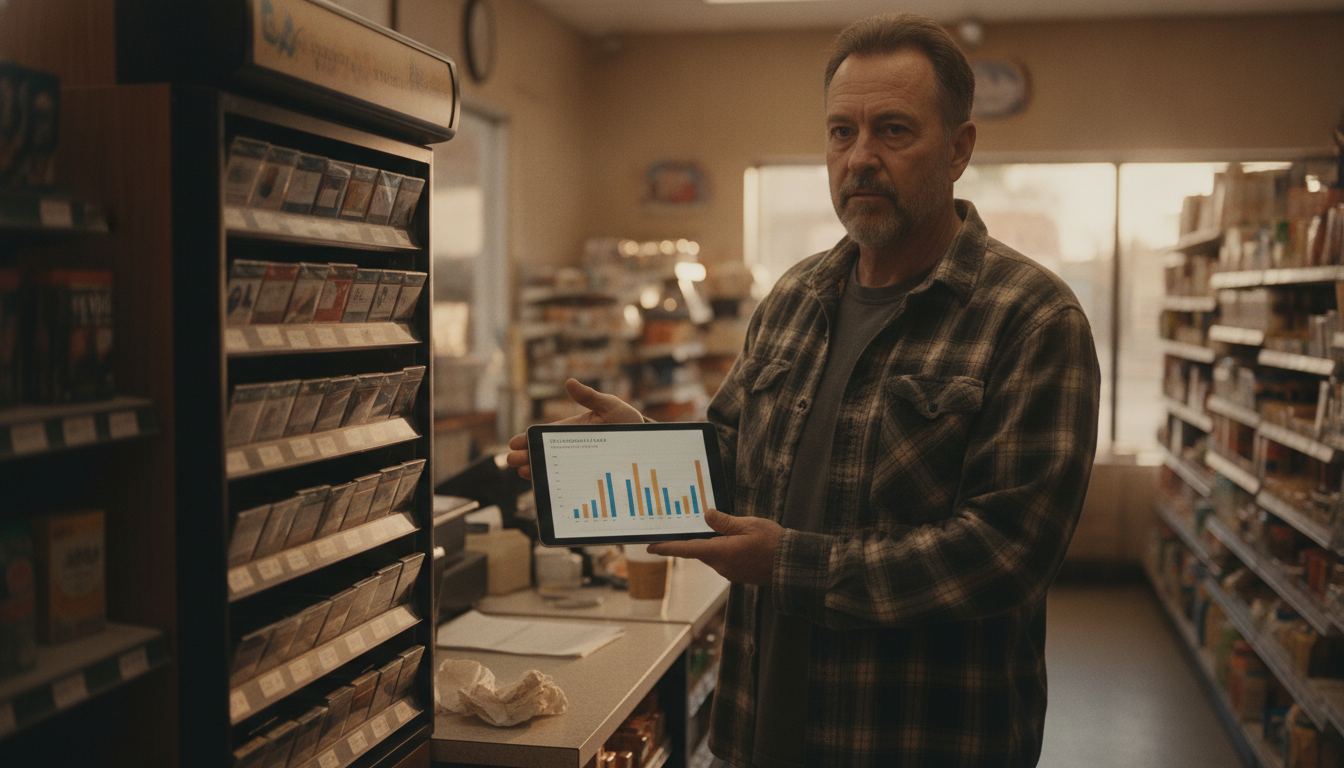 A c-store owner reviewing a tobacco scan-data report next to a cigarette fixture