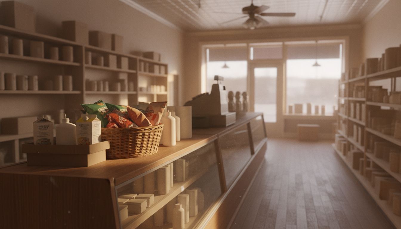 Grocery counter with a mixed basket of milk, snacks, and household items