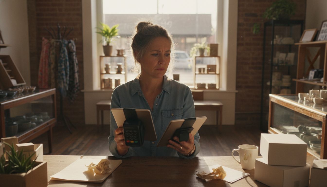 Store owner comparing card processing and point-of-sale options