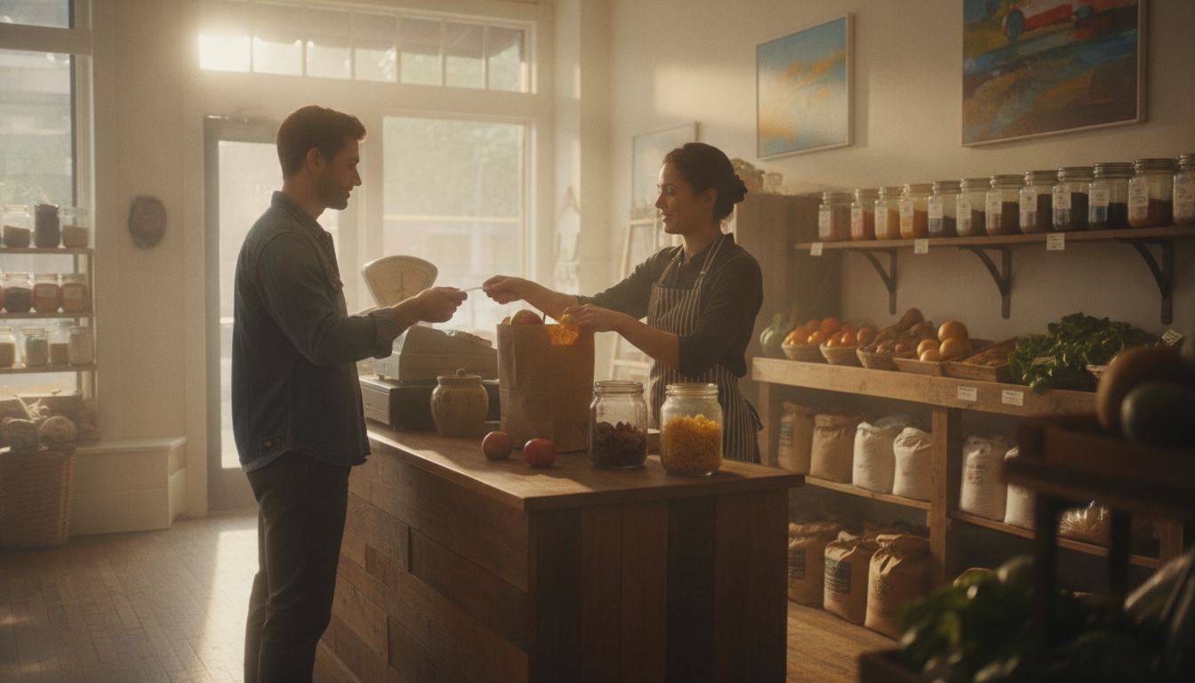 A small grocery owner helping a customer pay at a countertop card reader near shelves of staple foods
