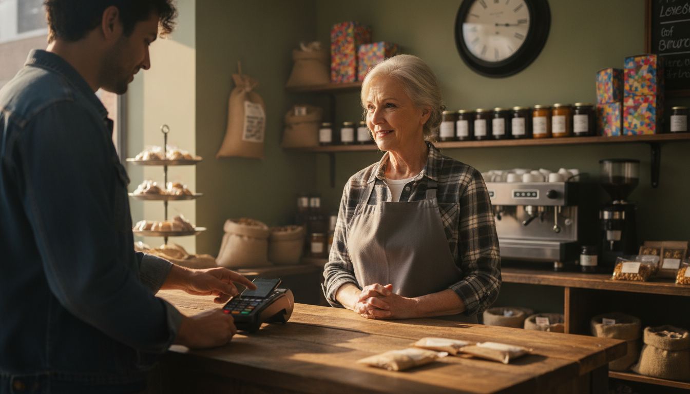 A convenience store owner working through numbers on a notepad beside the register after close